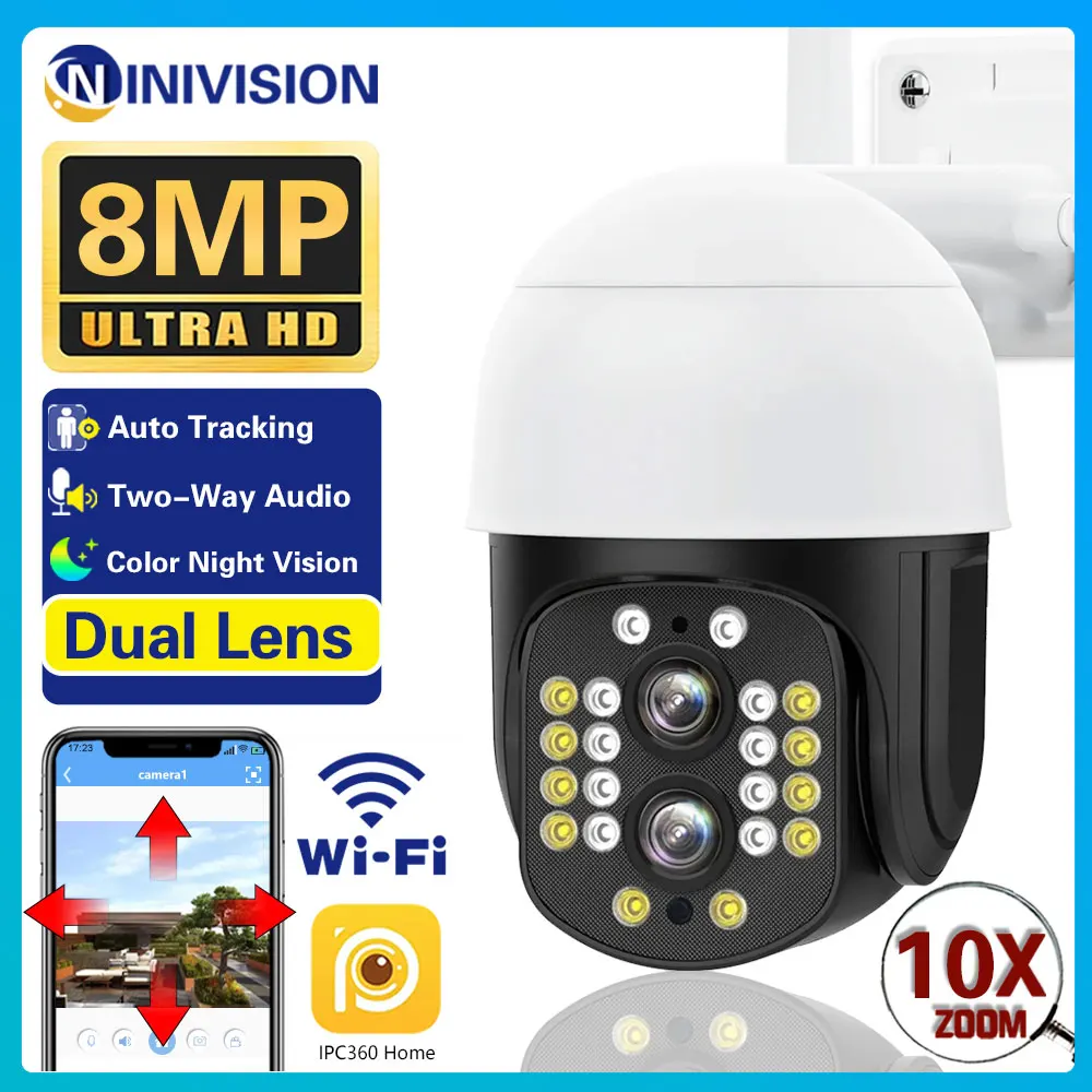 

8MP Dual Lens IP Camera 1080P HD WIFI Wireless PTZ Camera 4K 10X Zoom Security Camera Motion Dtection Waterproof Surveillance