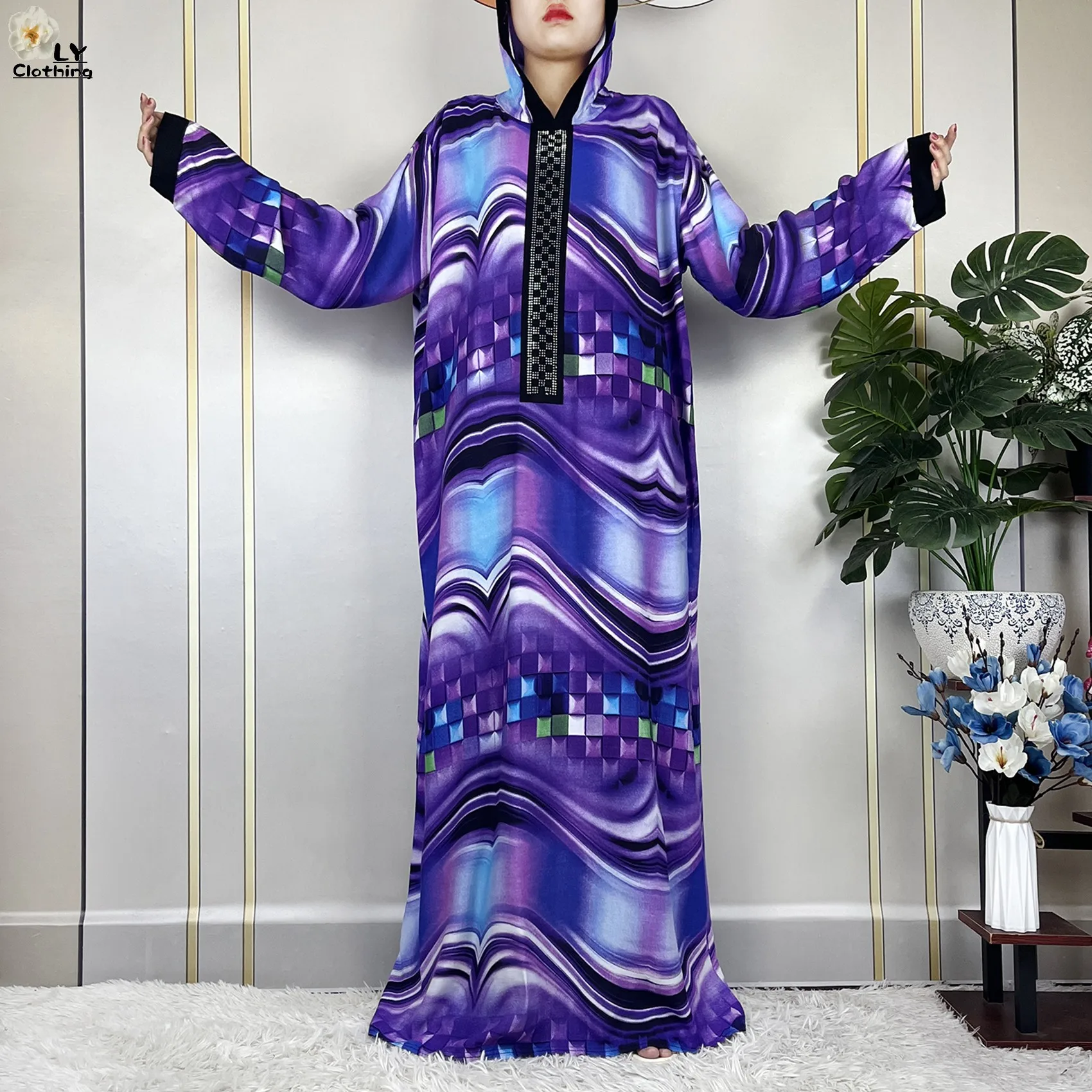 Latest African Abaya Long Sleeve Dubai Women Dress Hat one-piece Fashion Printing Robe Cotton Summer Maxi Casual Loose Clothing