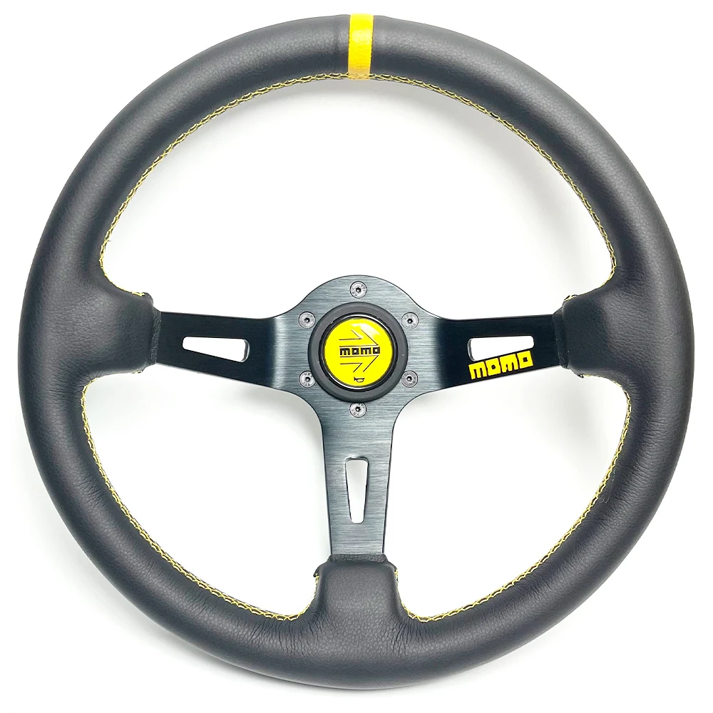 

14inch/350mm For MOMO pu Leather Deep Dish Drift Sport Steering Wheel With Yellow line Stitching Modified steering wheel