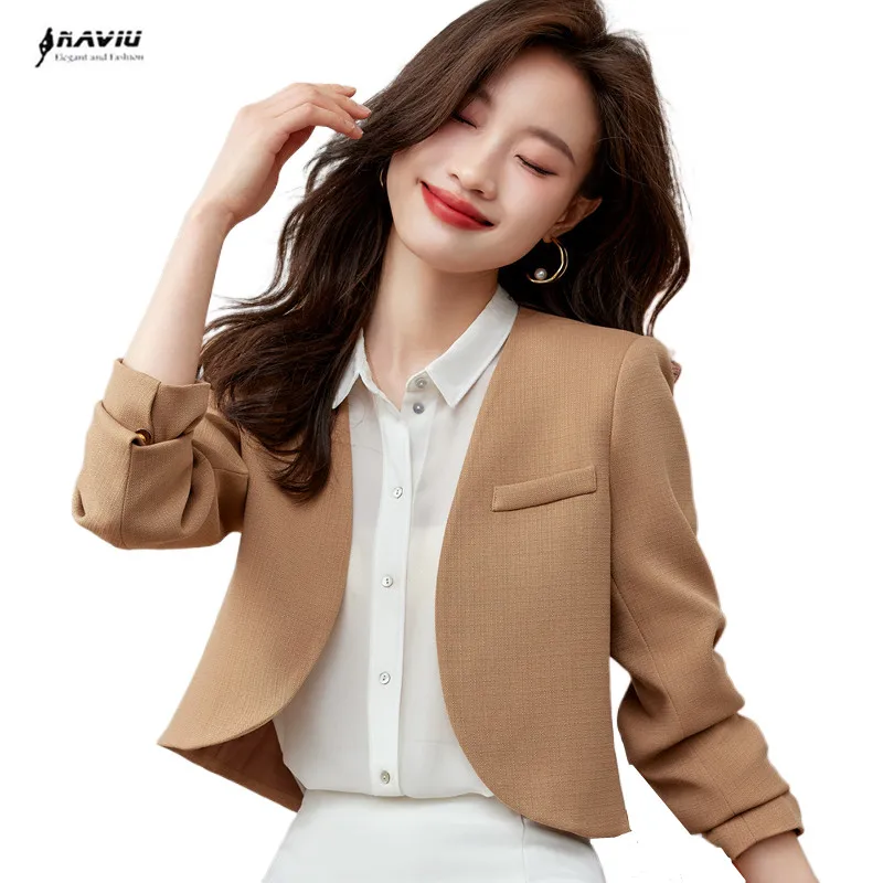 

NAVIU Fashin Short Style Blazer Women New Autumn Temperament Casual Professional Jacket Office Lady Work Coat Tops Beige