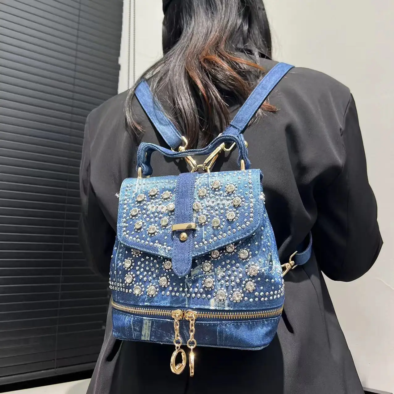 Women's Fashion Diamond Elegant Backpack Multifunctional Diamond Denim Shoulder Bag 4