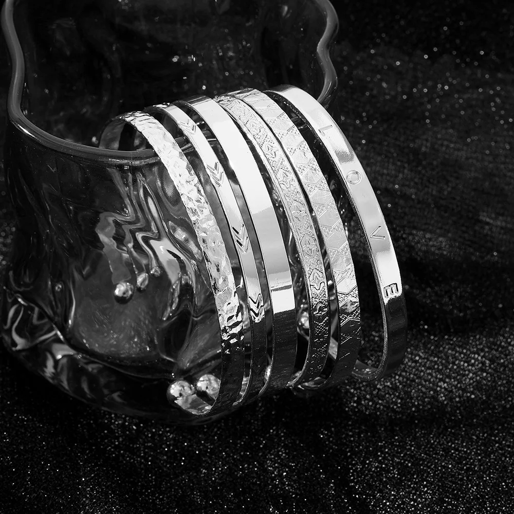 6 قطعة/المجموعة  بسيط الذهب اللون السهم المعين الزهور الحبوب أساور للنساء المبالغة فتح الفم أساور مجموعات