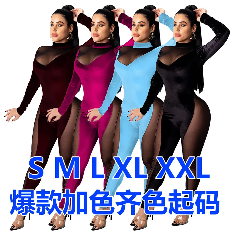 2024 Autumn and Winter Women Long Sleeve Mesh Patchwork Jumpsuit plus big size 10XL 9XL 8XL 7XL 6XL 5XL sexy bodycon rompers evening birthday overalls outfit mesh hot diamond long sleeved jumpsuit fashion lady party streetwear 2024