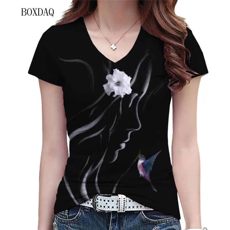 

Hand-Painted Face Graphic Women T-shirts Short Sleeve Sweet Street Ladies Tees Fashion V-Neck Oversized Tops Pullovers