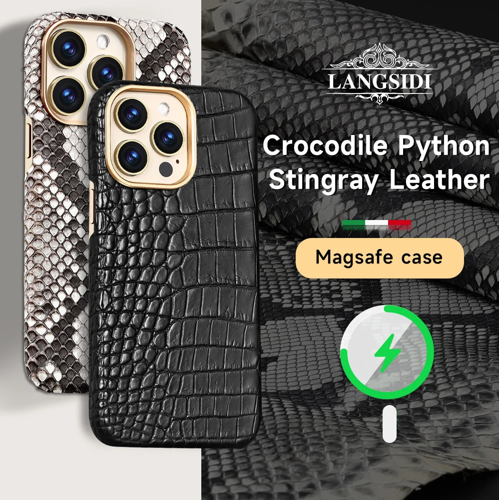 

Genuine Crocodile Stingray Python Ostrich Skin Leather for Magsafe Case for iPhone 15 14 Pro Max 13 Magnetic Wireless Back Cover