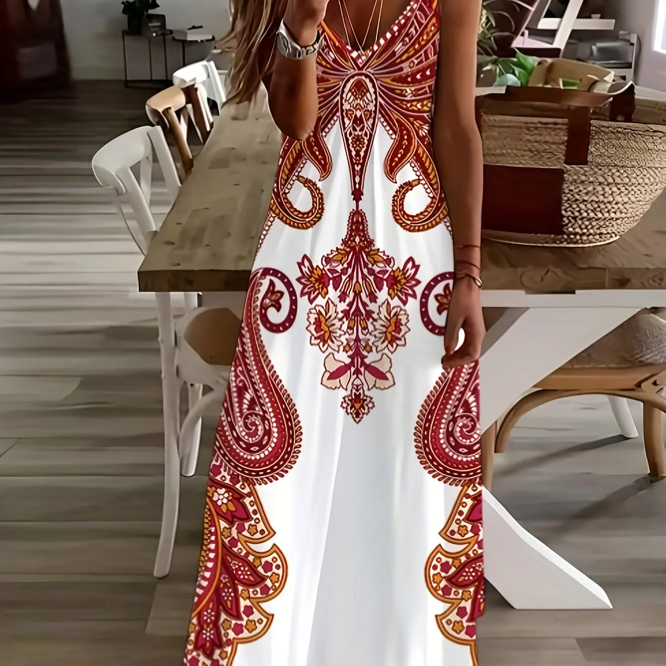 thumbnail image 1 of Vestido informal con tirantes y estampado de red de pesca retro para vacaciones en la playa, moderno, informal, sin mangas, holgado, hasta los tobillos., 1 of 4