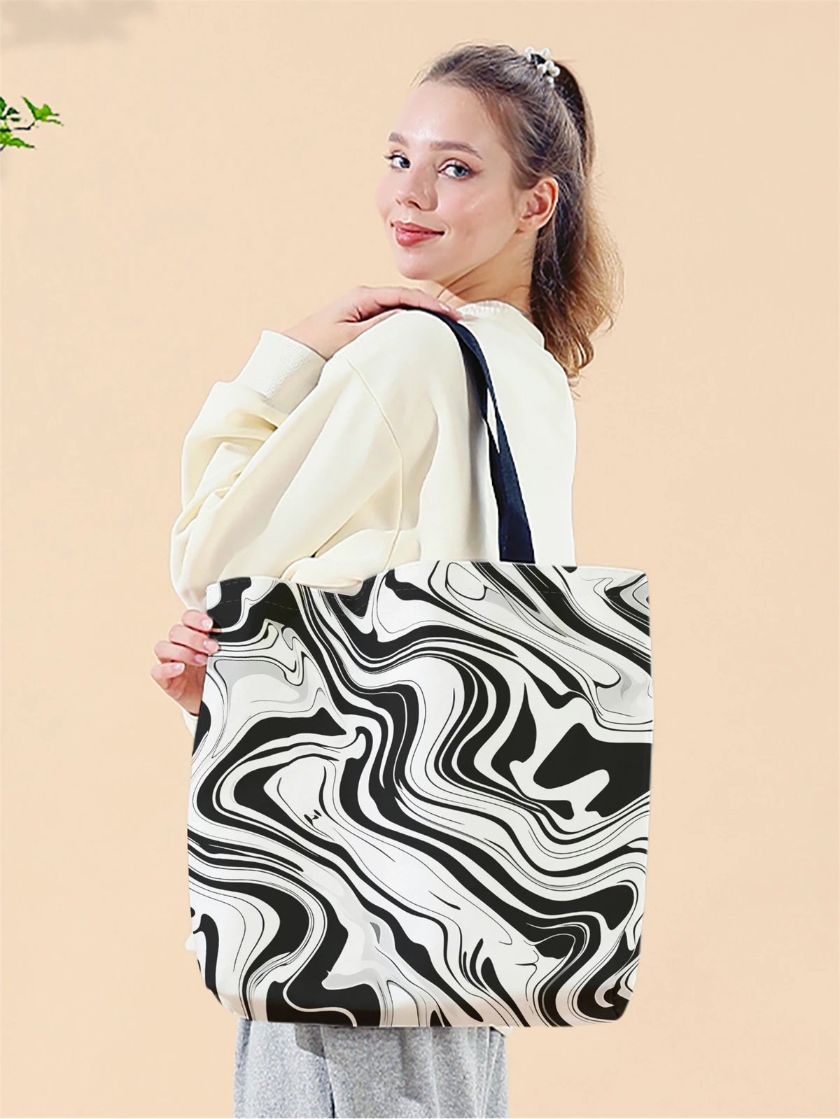 1pc,black and white handbag, reusable fashionable handbag, multifunctional handbag, printed canvas shopping bag