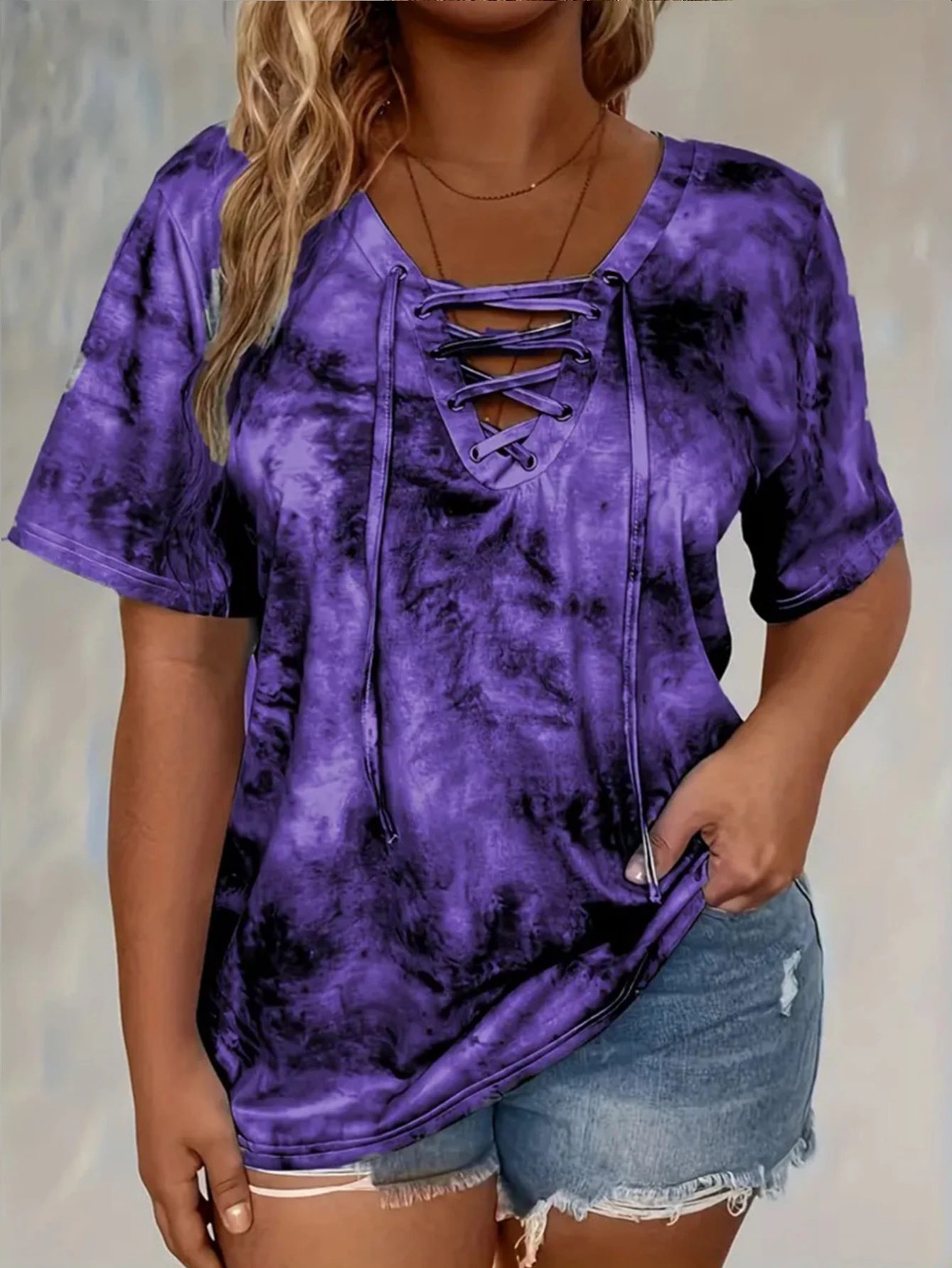 Plus size tie-dye printed short-sleeved T-shirt elegant lace-up hanging collar design top spring and summer casual style 2