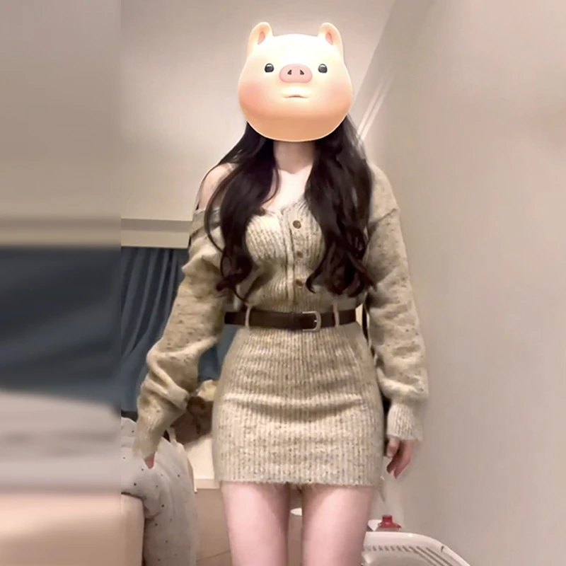 Sexy Knitted Sweater Dr Women's Autumn Winter New High Waist V-Ne Long Sve A-Line Skirt Base Layer Inner Wear Wrap Dr