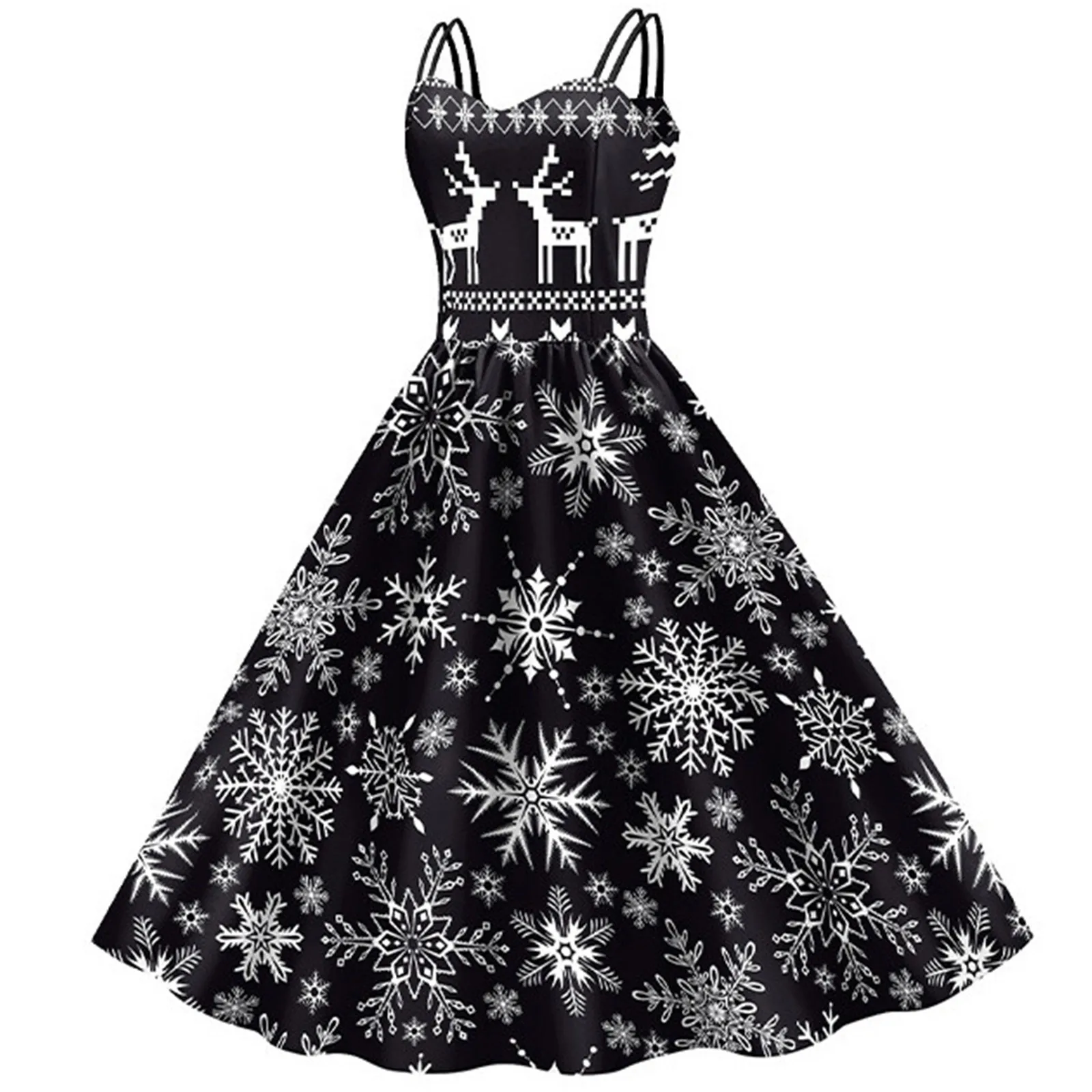 

Elegant Retro Vintage Hepburn Dress England Style Spaghettis Straps Elk Christmas Print Sexy Swing Costume Pinup Flare Tea Dress