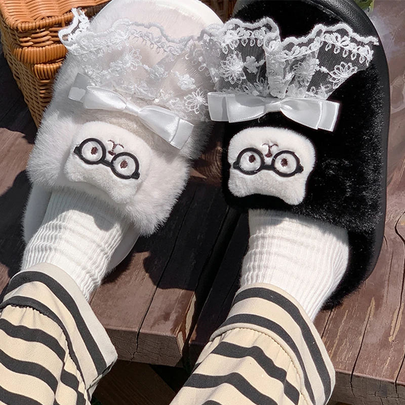 Fashion Lace Bowknot Fur Slippers Women Cartoon Bear Cute Women's Home Slippers Soft Sole Light Plush Living Room Shoes Woman