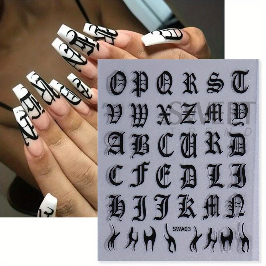 2pcs Gothic Letter Nail Sticker Black White Cool Design English Alphabet Adhesive Slider Y2K Inscription Manicure Decoration Tip