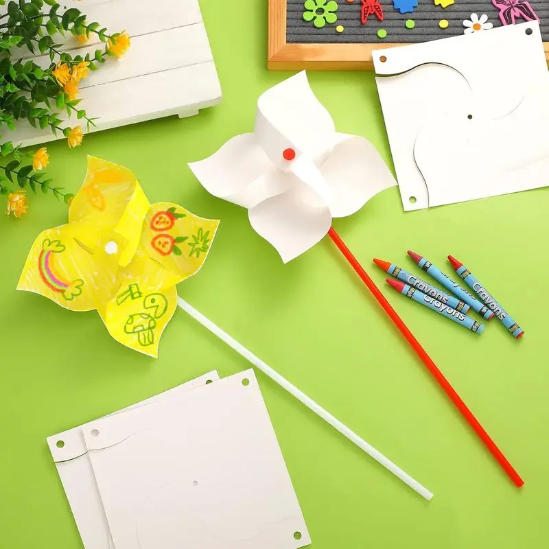 Kit 12 Mulini A Vento Fai Da Te Per Bambini – Carta Bianca Da Colorare, Aste Colorate 30 Cm – Attività Estive, Feste