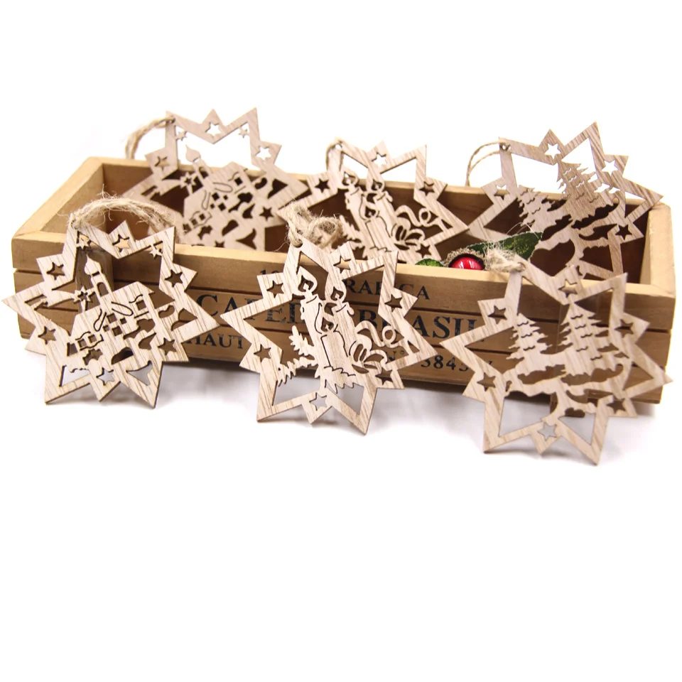 6PCS Christmas Wooden Pendants Creative Hollow Hanging Ornaments for Christmas Tree Decor Kids Gifts DIY Painting