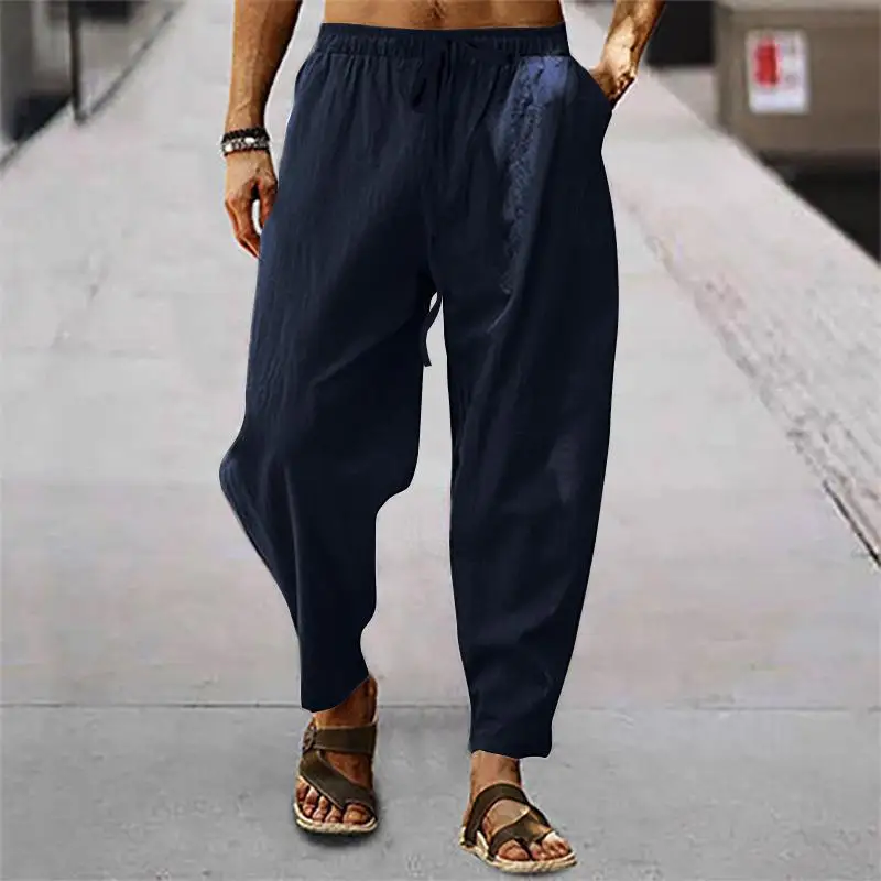 thumbnail image 1 of Pantalones casuales sueltos de lino y algodón transpirables de verano para hombre, 1 of 5