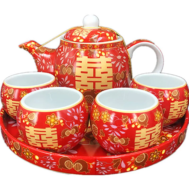 Chinese Traditional Ceramic Tea Set, Retro Red, Double Happiness Teapot, Tea Cup, Newlywed Bride Gift, Dowry, Marriage Supply