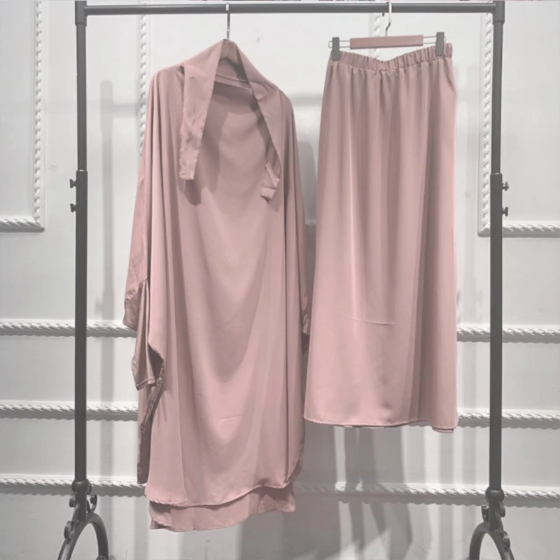 Womens 2 Pieces Muslim Prayer Dress Long Sleeve Hijab Scarf Khimar and Skirt Set Islamic Abaya Full Length Suit Ramadan Dropship