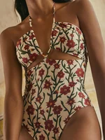 Halter Swimsuit Women Sexy One Piece Suits Print Swimwear Push Up Beachwear Bandage Bathing Suits Brazilian Swimsuits
