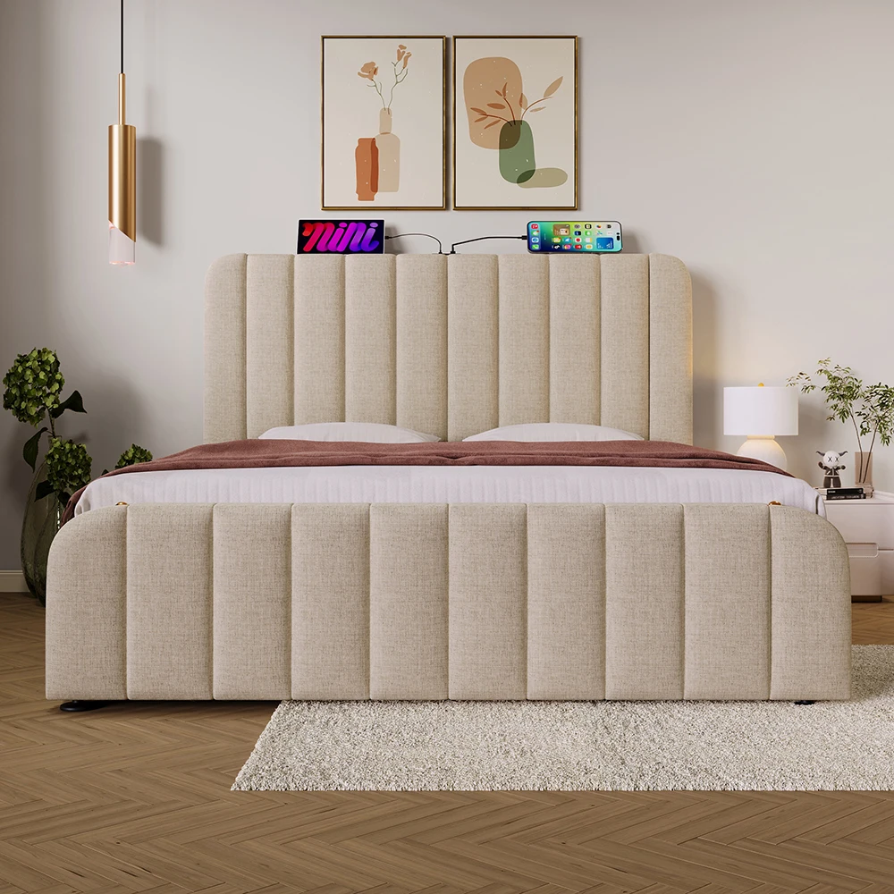 KOMHTOM cushion bed Beige Linen Usb Type-C Padded Headboard Hydraulic Bearing bed