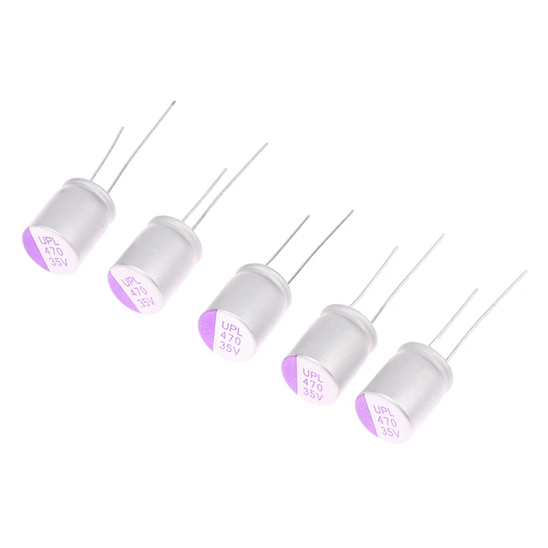 Kit de 5 condensateurs 35V 470µF pour FPV alignés, prêts à améliorer les performances de votre drone.
