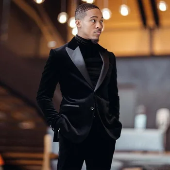 Abiti da uomo in velluto Slim Fit Groomsmen smoking da sposa set da 2 pezzi blazer con risvolto con visiera nera abito formale con giacca e pantaloni