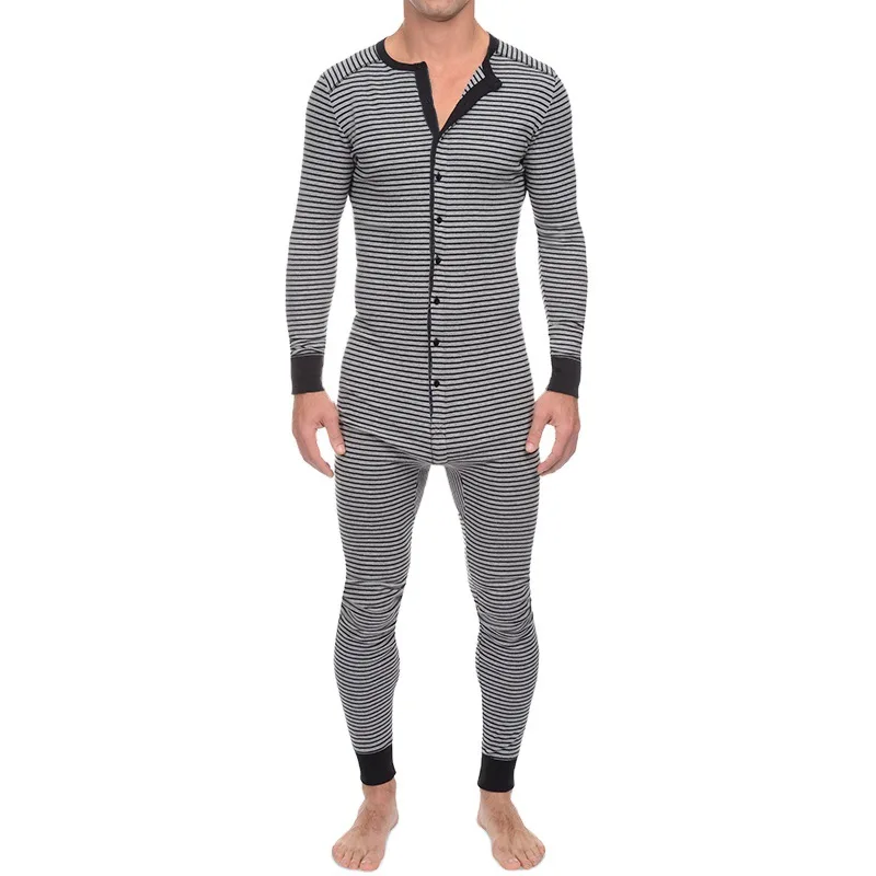 Autumn Winter Men's Striped Jumpsuit Pajamas Tight Fitting Bodysuit Long Sleeve Button Onesie Fashion Casual Home Clothing artificial wool long sleeve onesie mens pajama casual full body loose hooded jumpsuit pajamas winter warm rompe fleece sleepwear