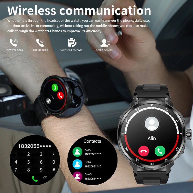 LIGE Men Smart Watch TWS Headset In Wireless Bluetooth Dual