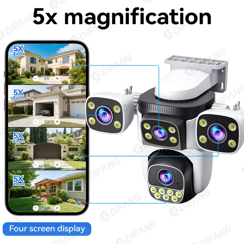 10K 20MP Four Screen Outdoor WiFi Cam PTZ 5X Zoom Night Vision Four Lens 10K Wireless CCTV Surveillance Cam Security Protection - Image 2