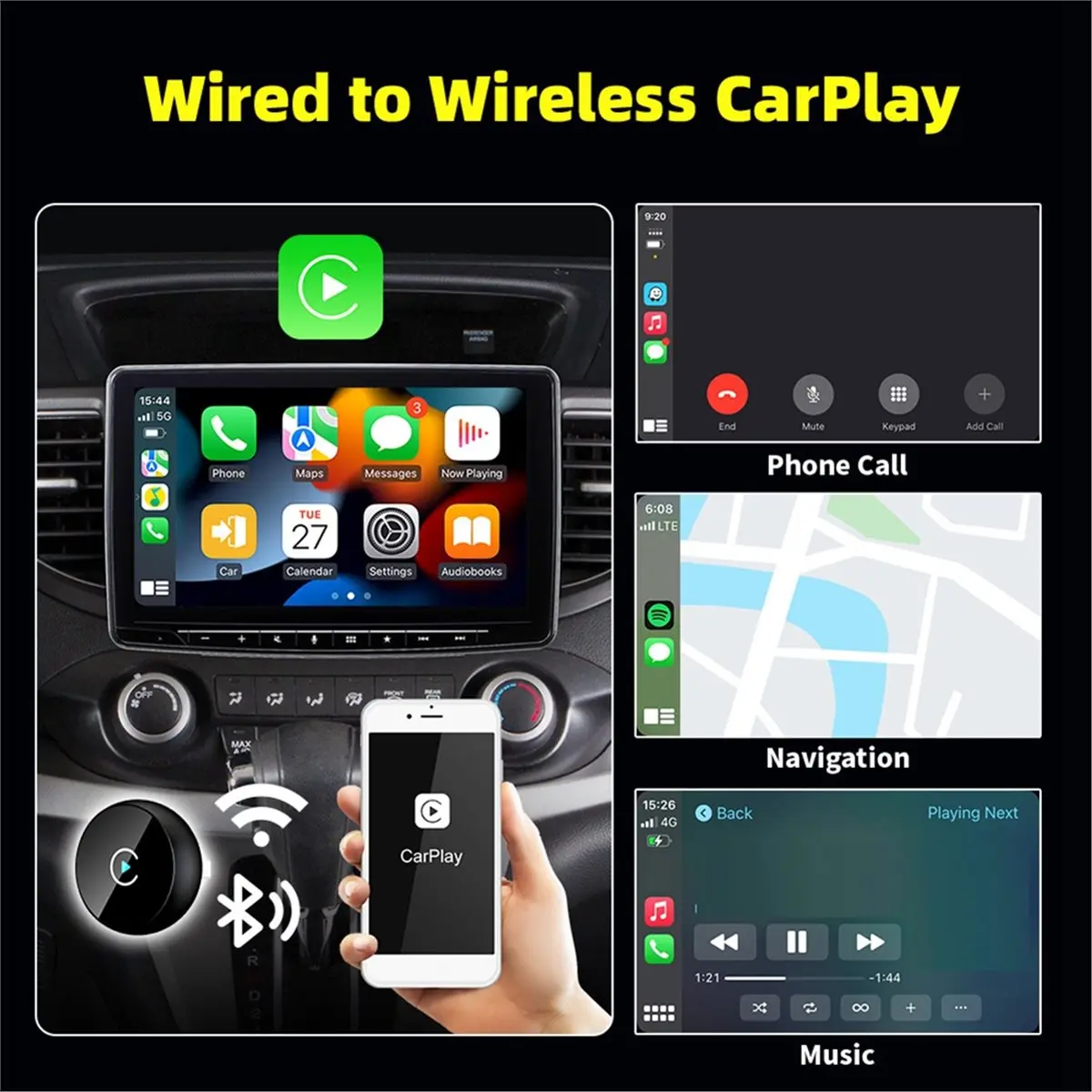 A10R 무선 카플레이 어댑터 스마트 AI 박스 2in1 카플레이/안드로이드 오토 BT5.2 USB 동글 유선 카플레이를 무선 카플레이로 변환