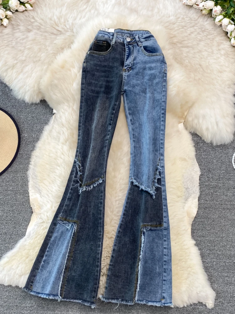 

Ins Color-blocking Flare Jeans 2023 Streetwear Women High-waisted Korean Skinny Draping Vintage Raw Hem Slim Flared Trousers