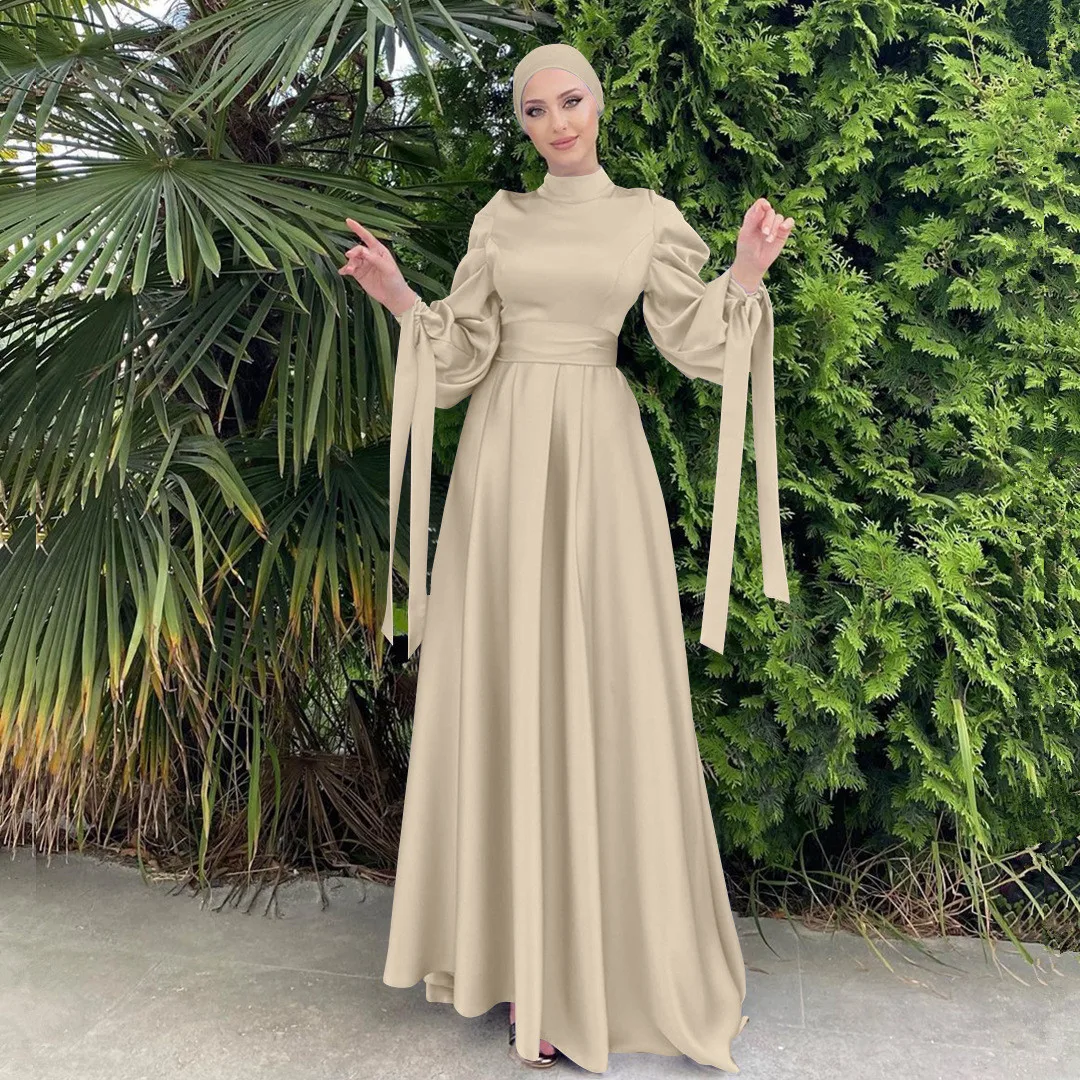 Muslim Clothing 2023 Women Islamic Satin Dress Arabic Pleated Abaya Dubai Balloon Sleeve Eid Mubarak Turkish Long Dresses Kaftan