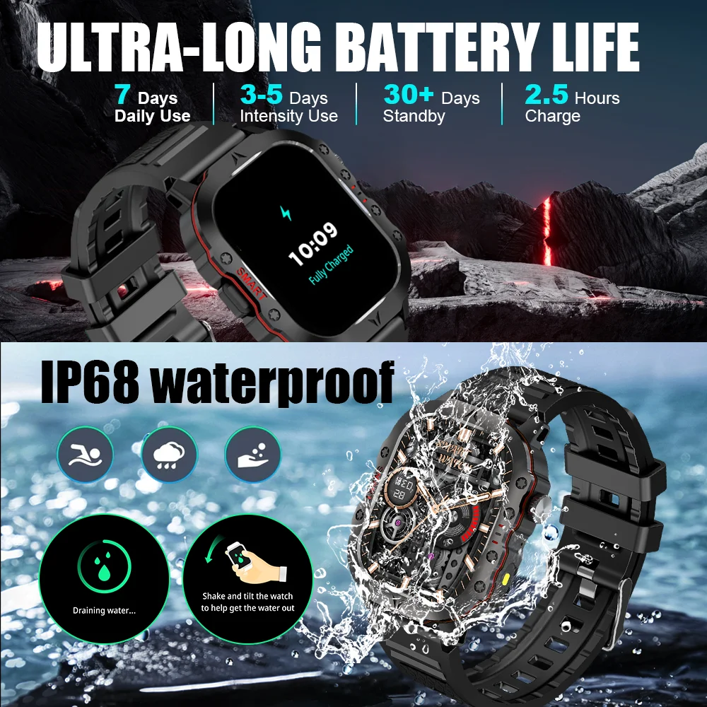 LAXASFIT Smart Watch Military Grade Toughness IP68 Waterproof