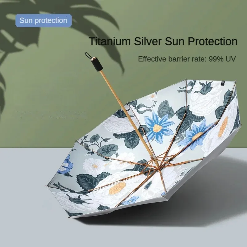 Folding Umbrella Sunshade Folding Umbrella for Women Thickened Titanium Silver Cloths Anti Sun UV Windproof Waterproof Rain Umbrellas Parasol