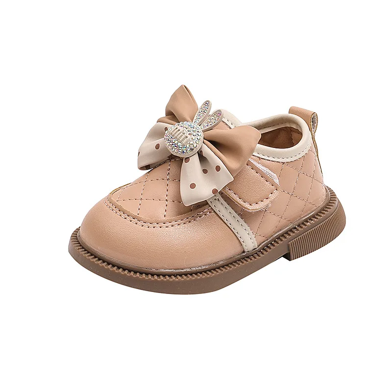 Girls Leather Shoes Sweet Rabbit Bowtie Children's Flats Spring Autumn Elegant Kid Causal Princess Wedding Mary Jane Shoes Soft