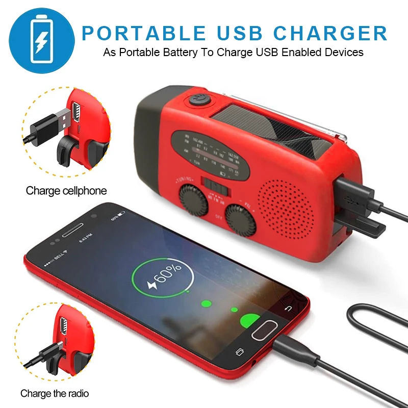 업그레이드 다기능 라디오 핸드 크랭크, 태양열 USB, FM, AM, NOAA, WB 날씨 라디오, 비상 손전등 보조배터리