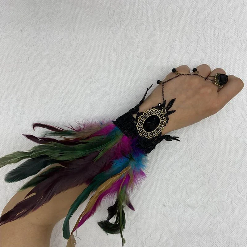 

Natural Feather Gold Lace Long Gloves Women Party Sexy Fingerless Gloves 2022 Exaggerated Lace Fishnet Gloves Y2k Accessories