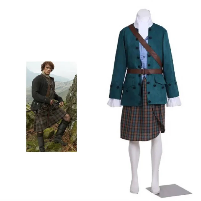 

TV Outlander Jamie Fraser Cosplay Costume Blue Uniform Set Men's Scottish Skirt Halloween Outfit
