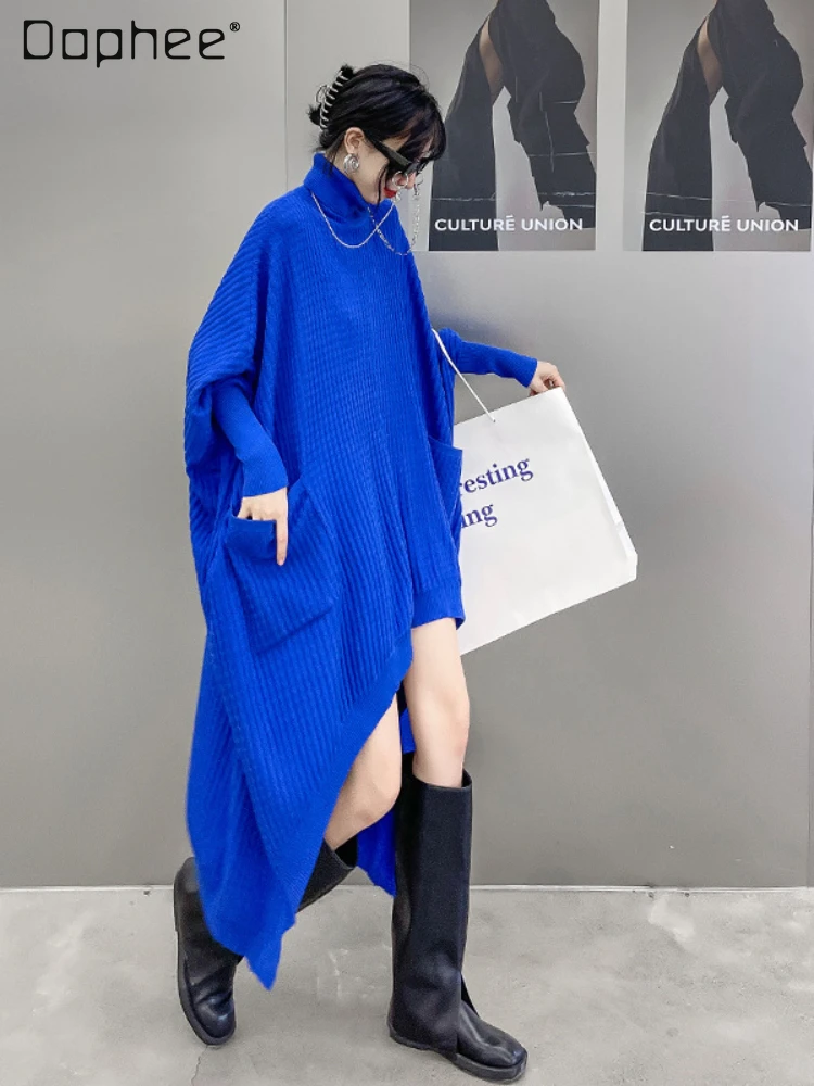 

American Streetwear Turtleneck Knitting Dress for Women 2023 Autumn New Loose Batwing Sleeve Irregular Woolen Jumper Dresses