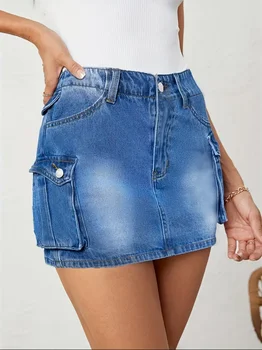 Women Sexy Straight-leg Denim Short Skirt Side Big Pocket Button Denim Miniskirt Summer 4