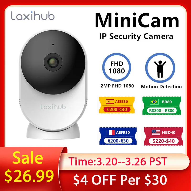 Laxihub 1080P Mini Camera 2.4G Wifi indoor video two-way audio 355° view camera Night Vision compatible with Alexa Google