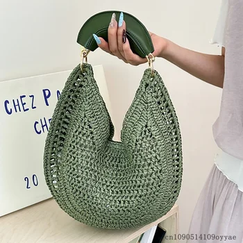 Borsa Intrecciata Stile Vacanza al Mare, Nuova Borsa da Donna, Borsa a Mezzaluna in Paglia Bohemien, Borsa da Spiaggia alla Moda, Borsa da Viaggio di Grande Capacità