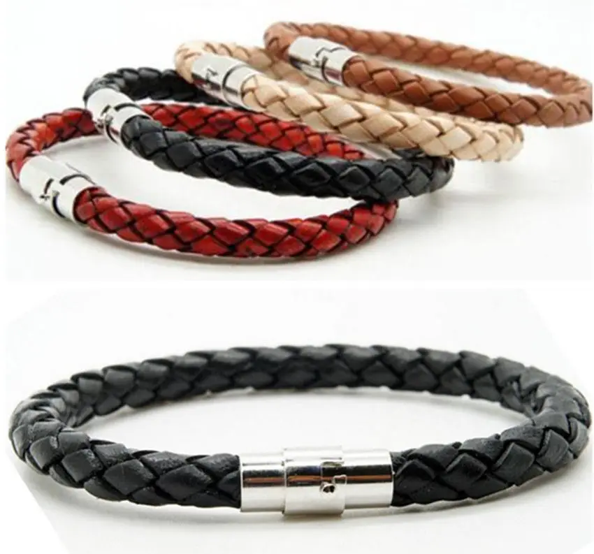 

Unisex Women Men Braided Leather Steel Magnetic Clasp Bracelet Handmade