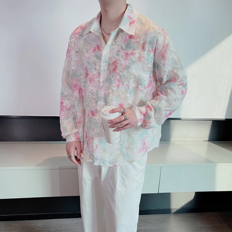 

Korean version of niche design sense men's floral shirt long sleeve trend thin loose sunscreen shirt