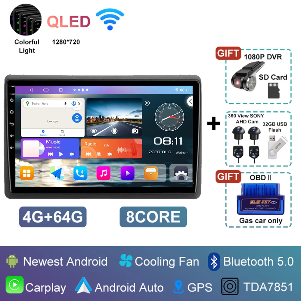 Radio Android 13 Para Audi A4 B6 B7 2001-2008 - Pantalla Táctil 9", 2GB+64GB, CarPlay/Android Auto Inalámbrico, GPS, Cámara Trasera