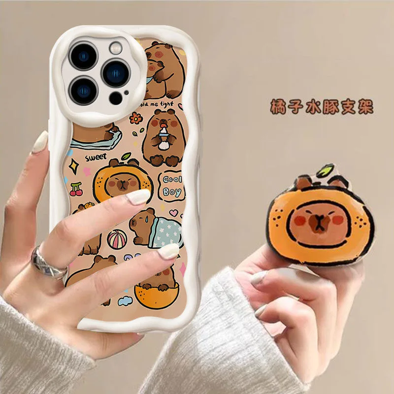 Cute Capybara Wave TPU Soft Phone Case with Grip Tok Holder
