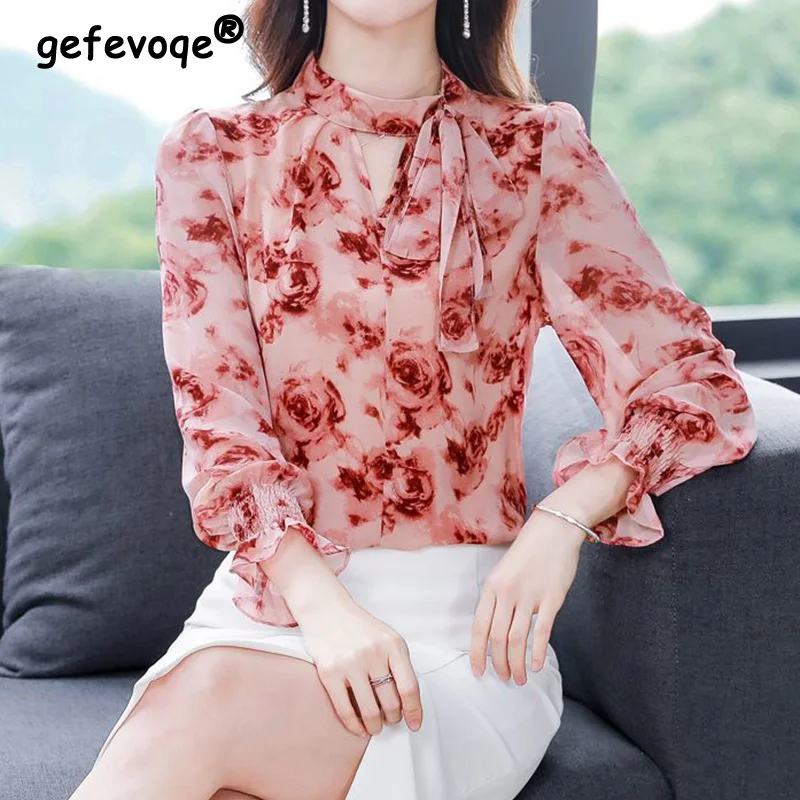 

Spring Autumn Women's Clothing Half High Collar Bandage Hollow Out Tees Fashion Floral Printing Long Sleeve Folds Pullover Tops