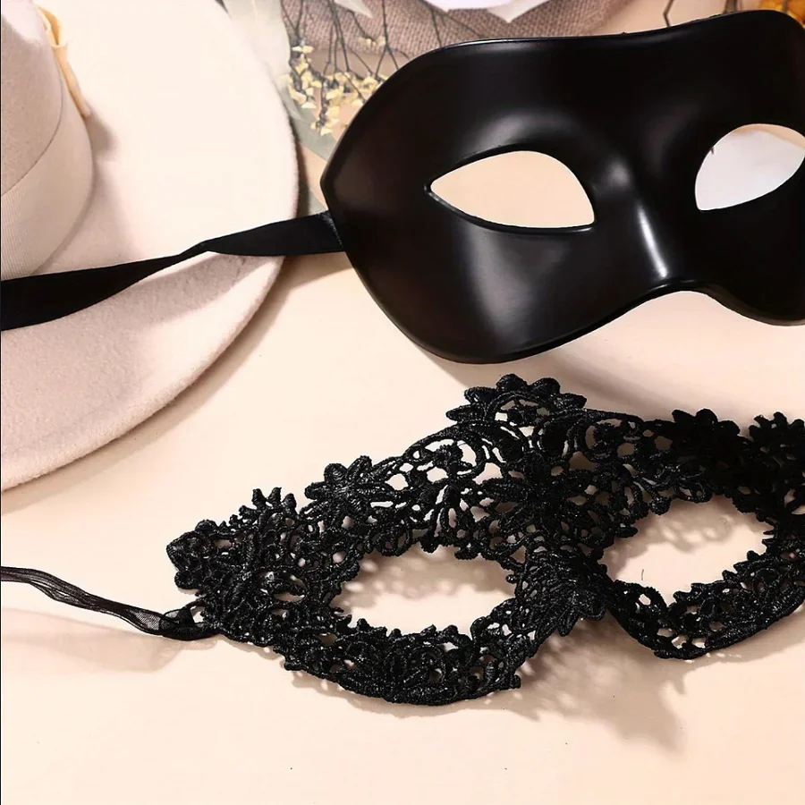 Lace Masquerade Mask 2pcs Black Lace Masquerade Mask Set for Couples Venetian Party Mardi Gras Halloween Celebrations