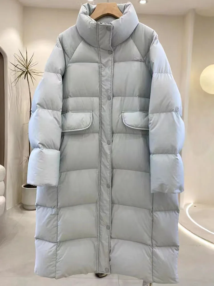 

2023 Fashion Winter Long Down Jacket Women White Duck Down Coat Thick Warm Overcoat Female Loose Straight Stand-up Collar Coats