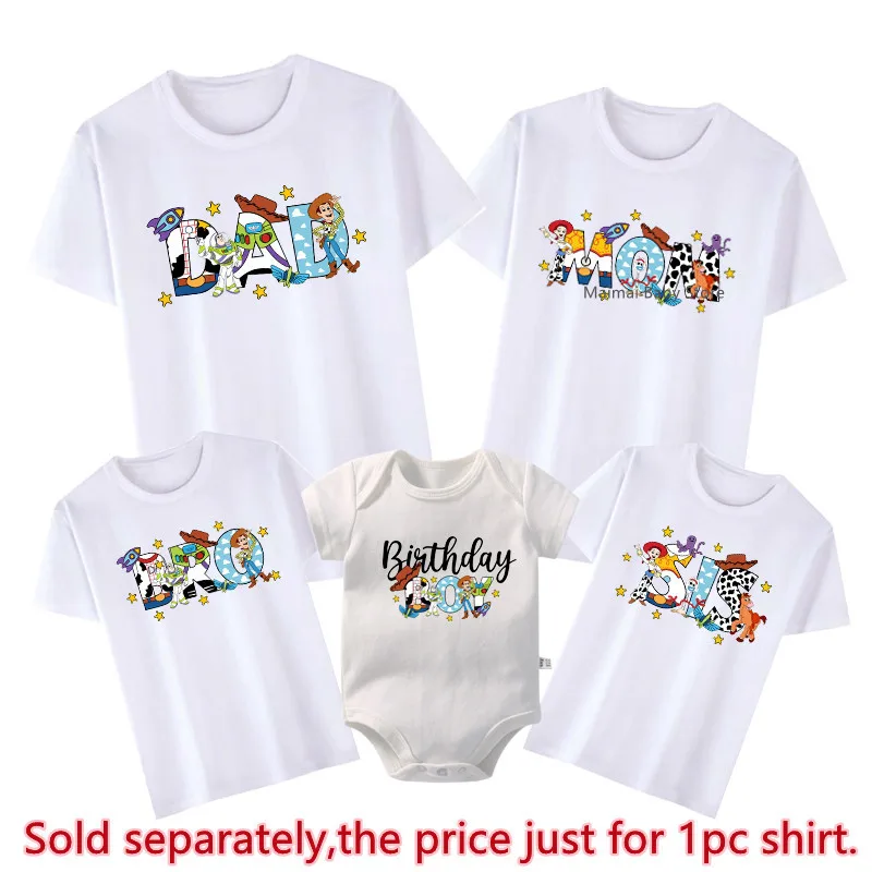 Funny Disney Toy Story Family Matching Shirts Dad Mom Bro Sis Tshirts Birthday Boy Baby Rompers Family Birthday Trip Outfits 4