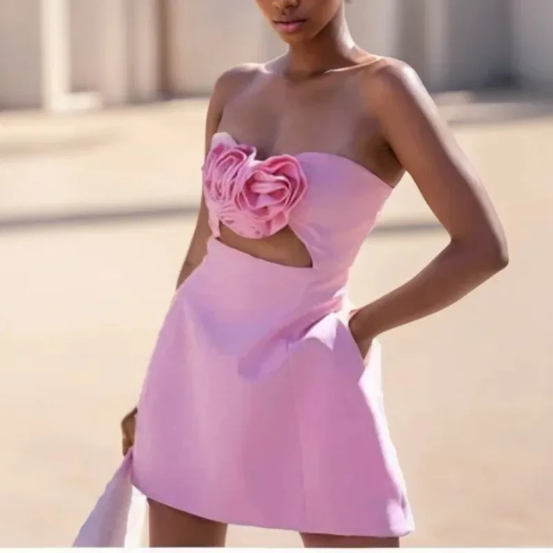 

Элегантное шикарное сексуальное платье мини без бретелек с вырезами для лета женское платье Новинка 2024 однотонное облегающее платье с цветами для дам